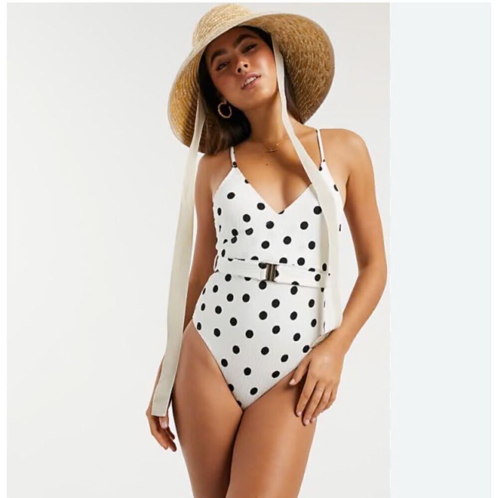 NWOT Accessorize black and white polka dot belted one piece swimsuit - 8